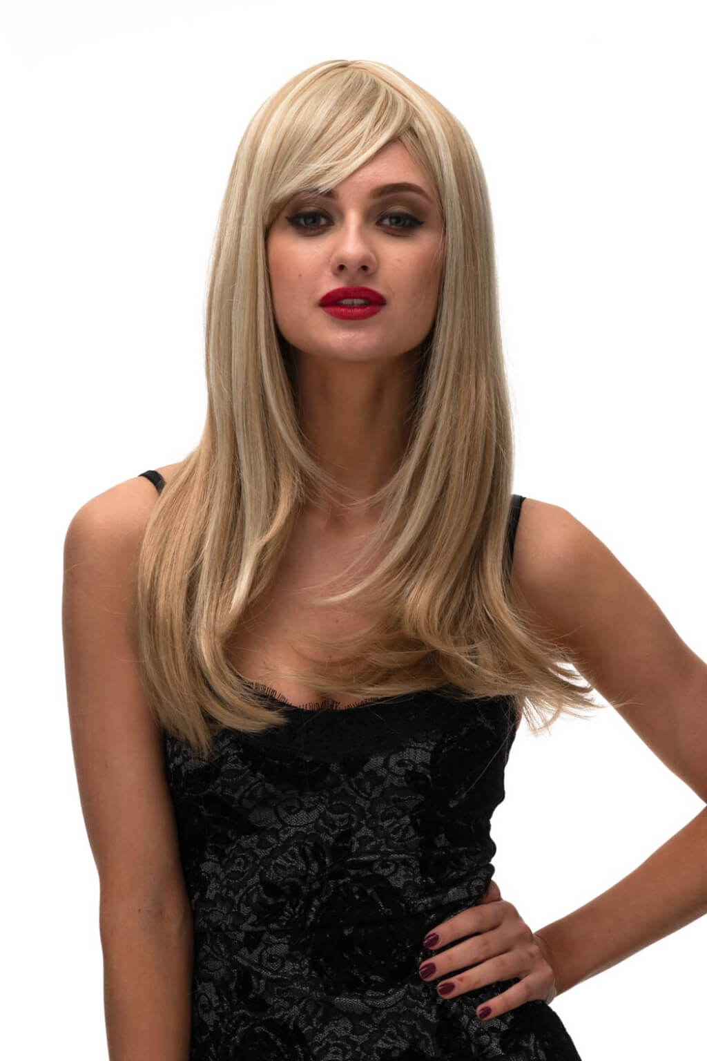 Woman with long blonde wig wearing a black dress on a white background. Long blonde wig, face framing with long, side-sweeping fringe: Ashley 24H613