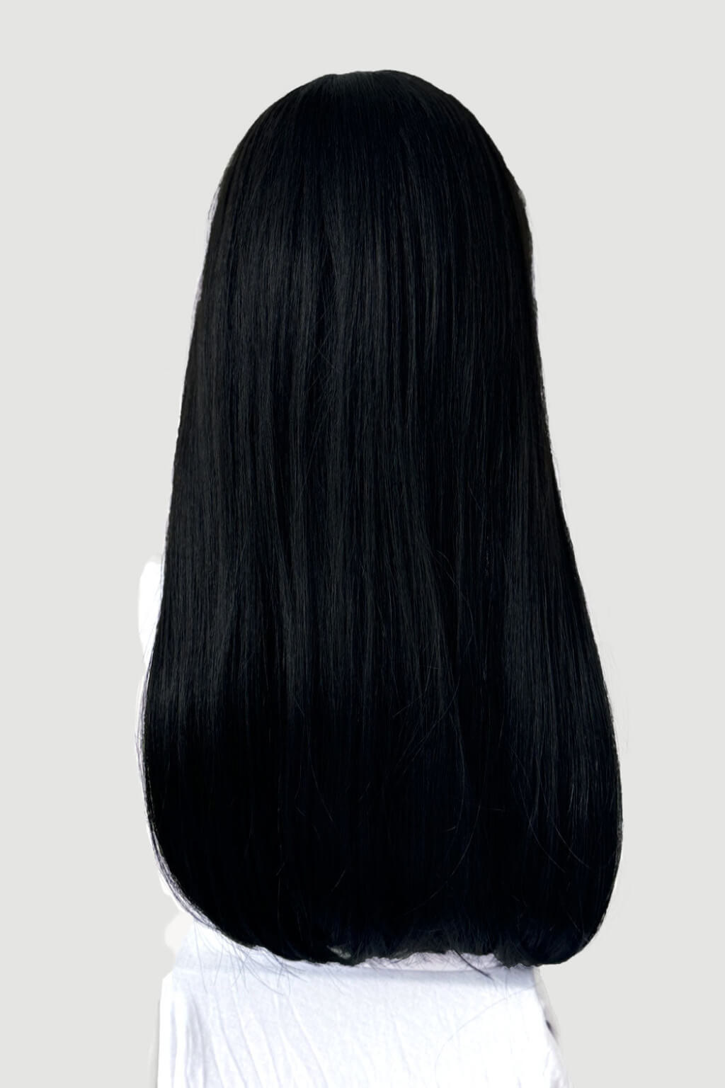 A long, straight black wig with a straight bang, displayed on a white mannequin head and neck against a light grey background. Long black wig with straight hair and a short, straight fringe: Maxine