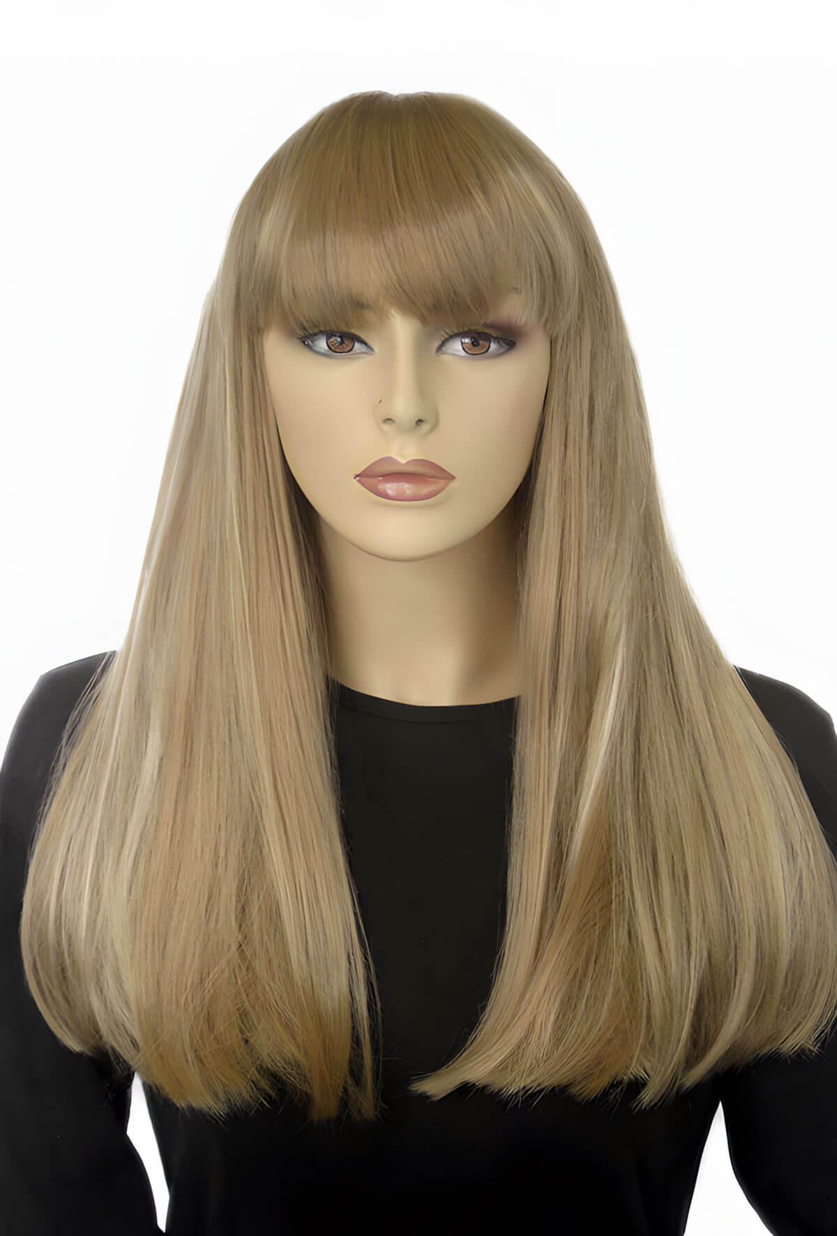 Blonde wig with bangs on a mannequin head against a white background. Long blonde wig with Highlights and straight fringe: Tilly