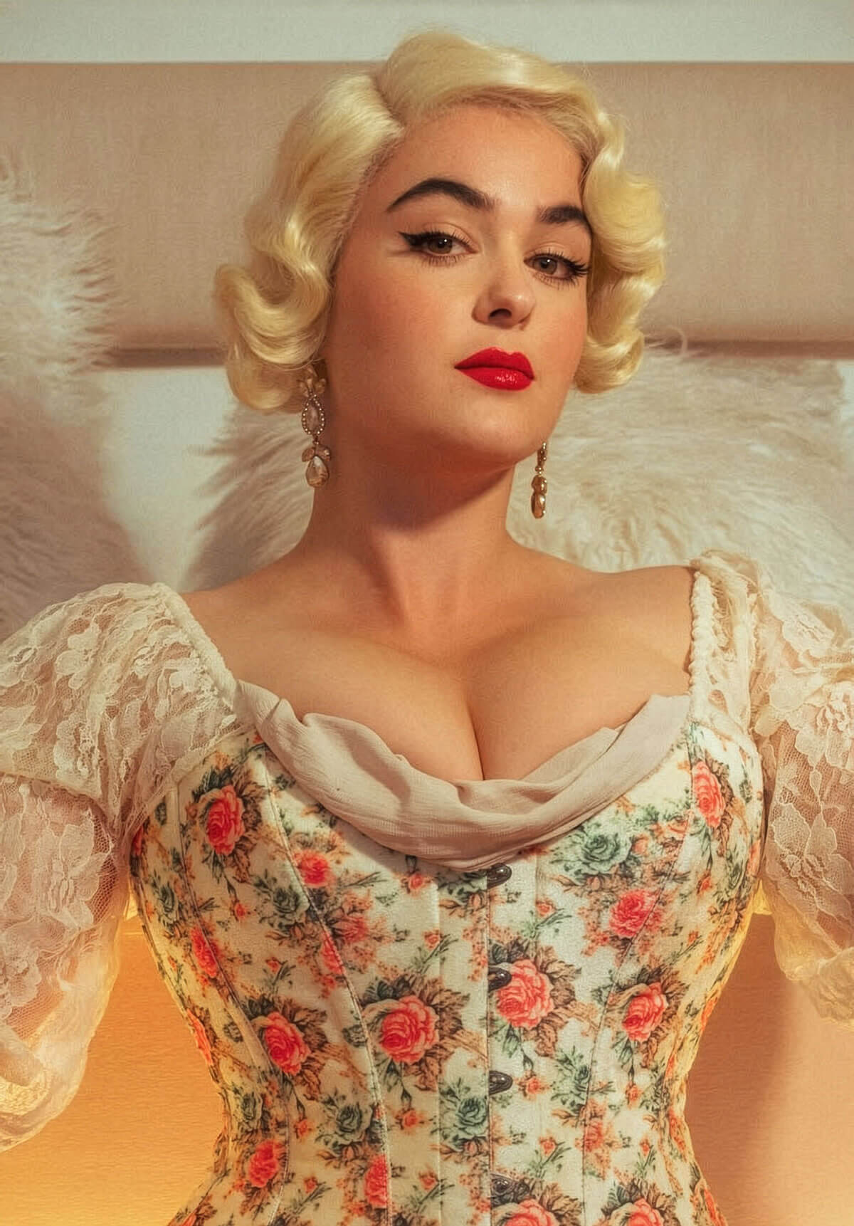 Woman in a floral dress with a neutral background. Blonde pinup wig, lace front, vintage style: Odette champagne blonde 613
