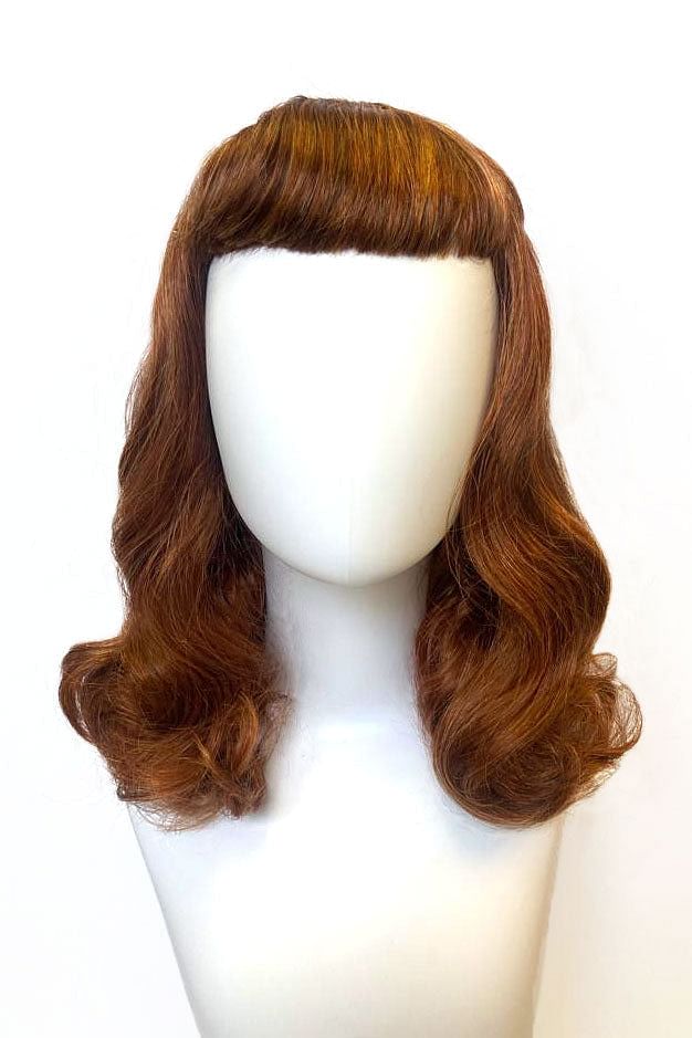 Auburn pinup style wig, finger waved with short fringe, 1950s style: Heidi