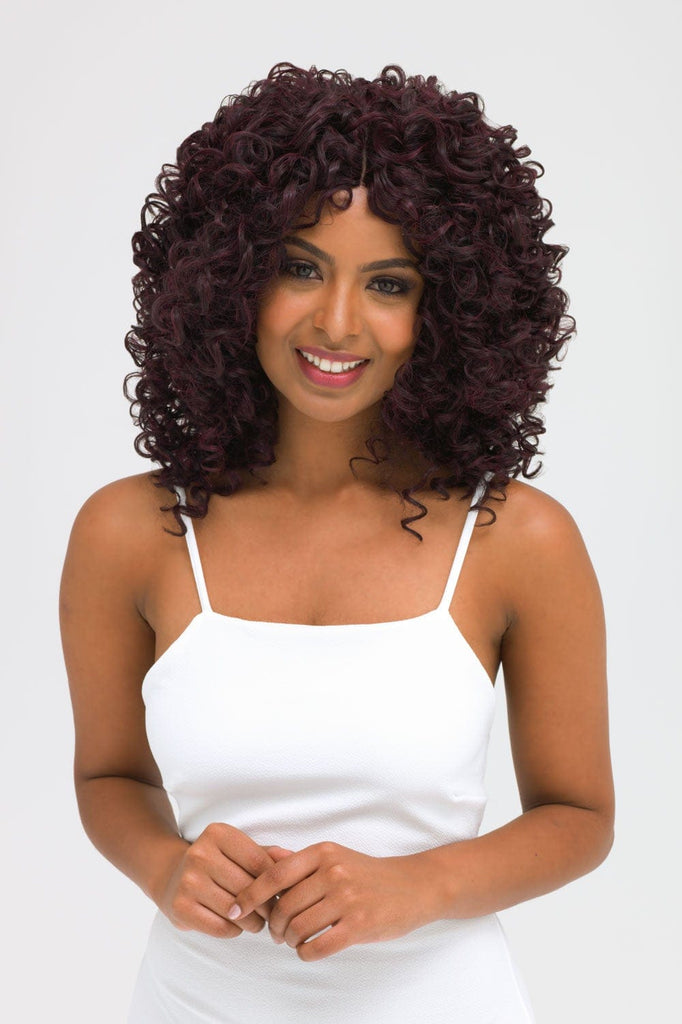 Afro, corkscrew curly lace front wig, black and purple: Anna