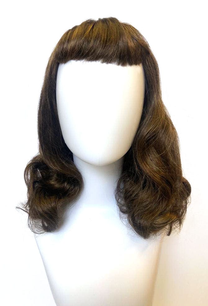 Annabelle's Wigs Wigs Medium brown pinup style wig, curled with short fringe: Carolina