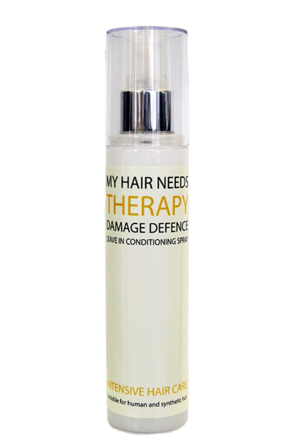 A bottle of 'My Hair Needs Therapy' Argan Oil Conditioning Spray, designed for synthetic hair care. The bottle is white with silver and gold accents, and the label is primarily white with some yellow and black text.