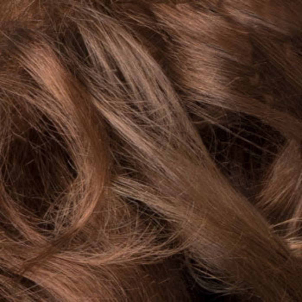Close-up of a straight hair extension with a smooth texture, in a natural brown color. 30