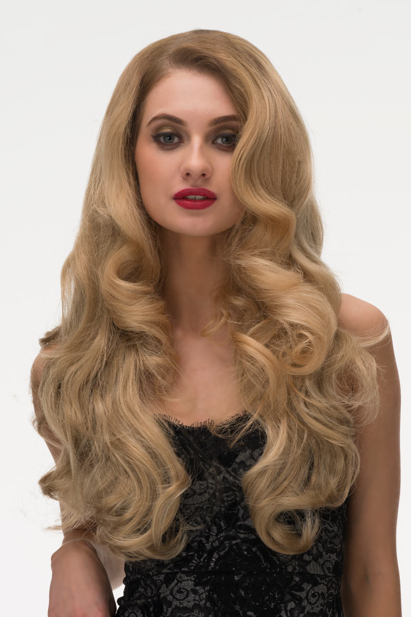 Long blonde 3/4 hairpiece (half wig), big loose curls: Zara wheatfield blonde 24H613