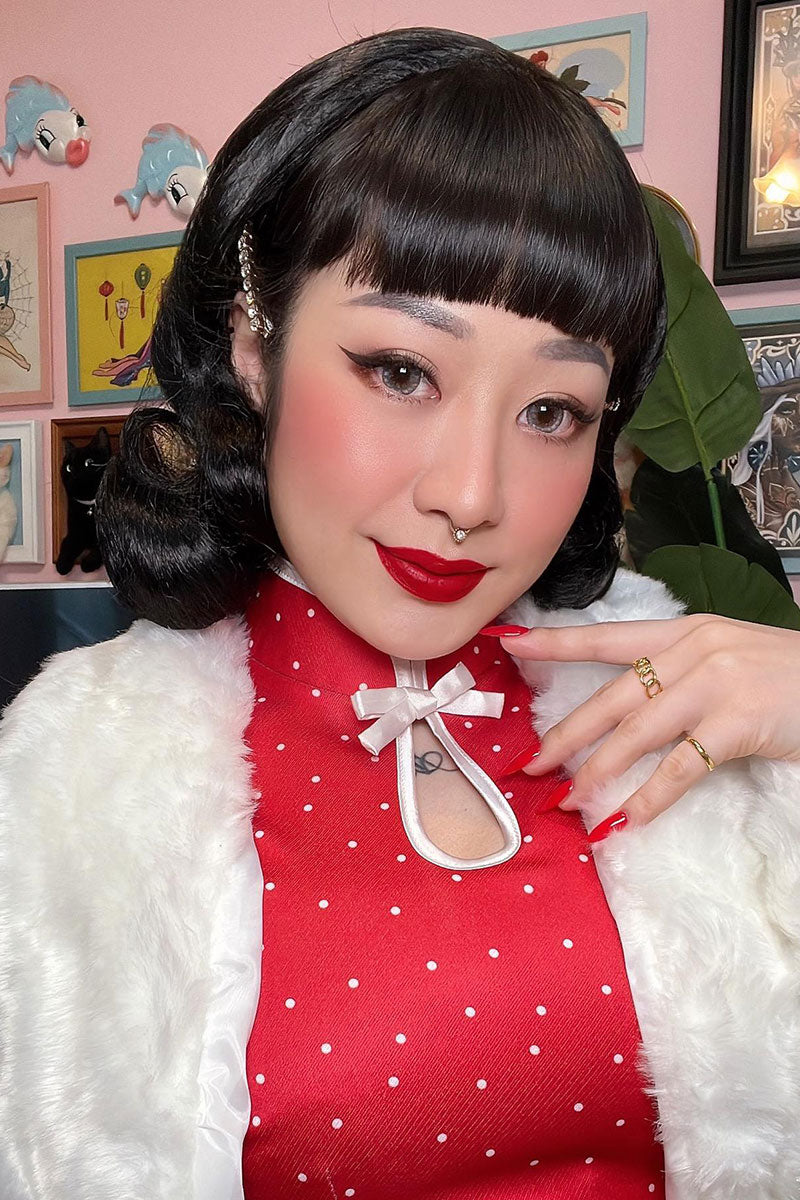 1940s style half wig hairpiece with beautiful marcel waves: Virginia black 1B