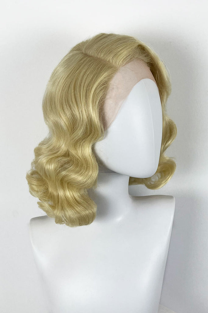 Blonde lacefront wig, pinup/vintage style, mid length with finger waves: Lucinda