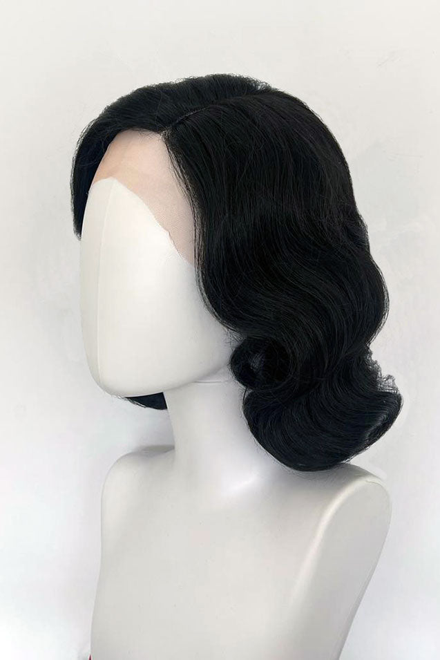 Black lacefront wig, pinup/vintage style, mid length with finger waves: Lilith