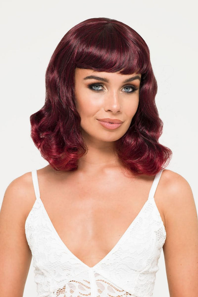 Black and red pinup style wig, gently wavy with short fringe, 1950s style: Lillian