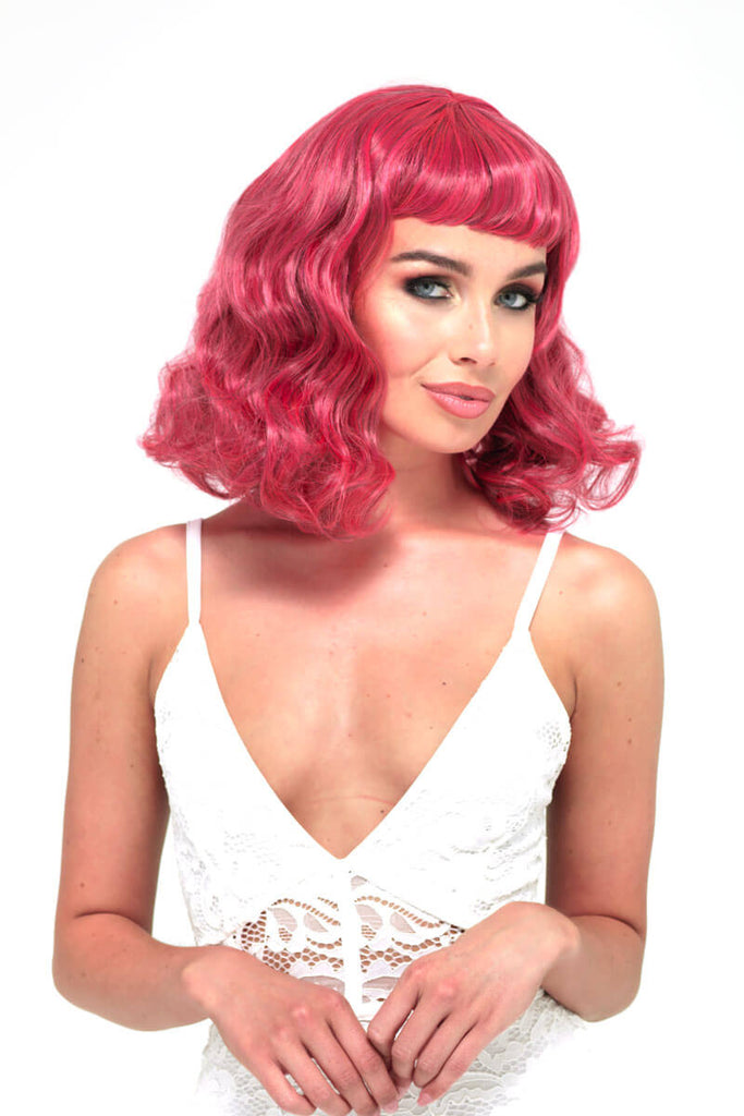 Black and pink pinup wig, curled with a short fringe, 1950s style: Billie