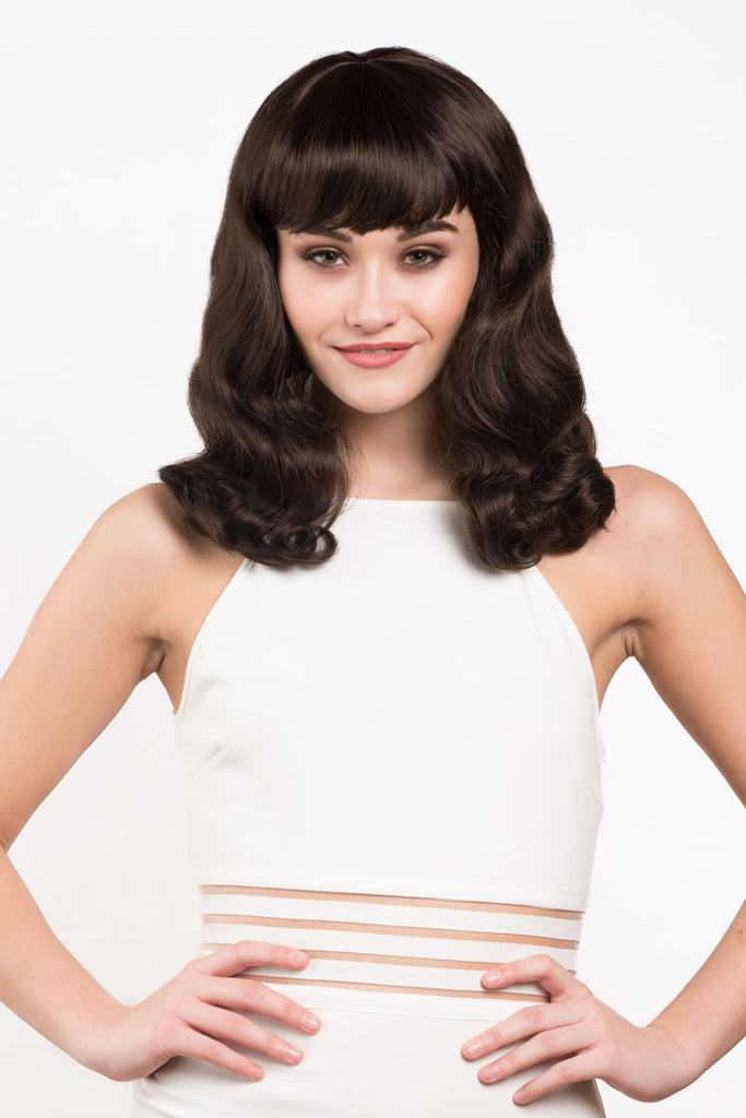 Dark brown pinup style wig, finger waved with short fringe, 1950s style: Becca