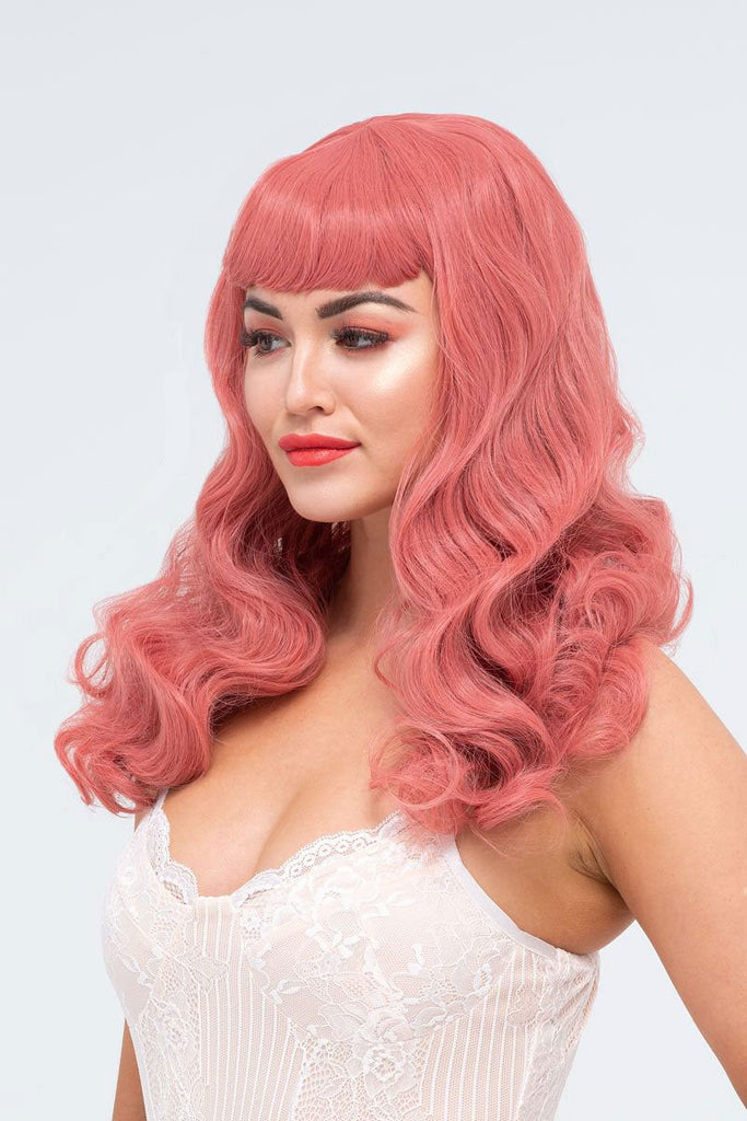 Long pastel-pink pinup style wig with gentle waves and short fringe: Candy