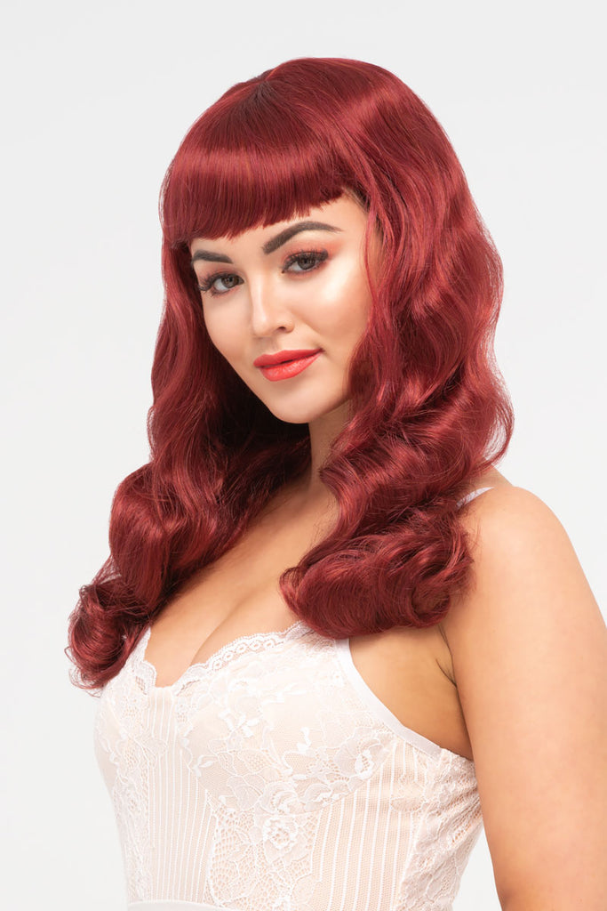 Long copper red 1950s pinup style wig, gently wavy with short fringe: Josefina