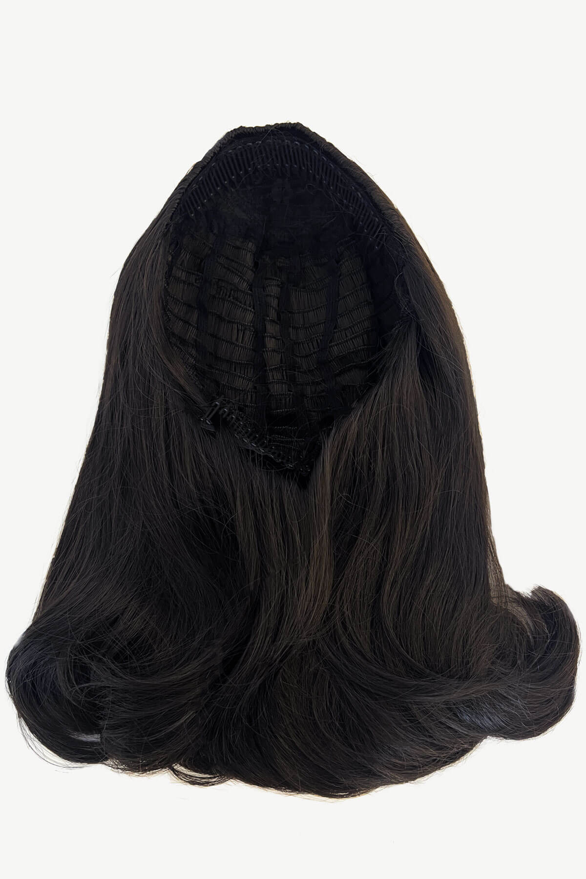 Dark brown wig with a white background. 1960s half wig hairpiece, flicked, hair flip: Philippa dark brown 4