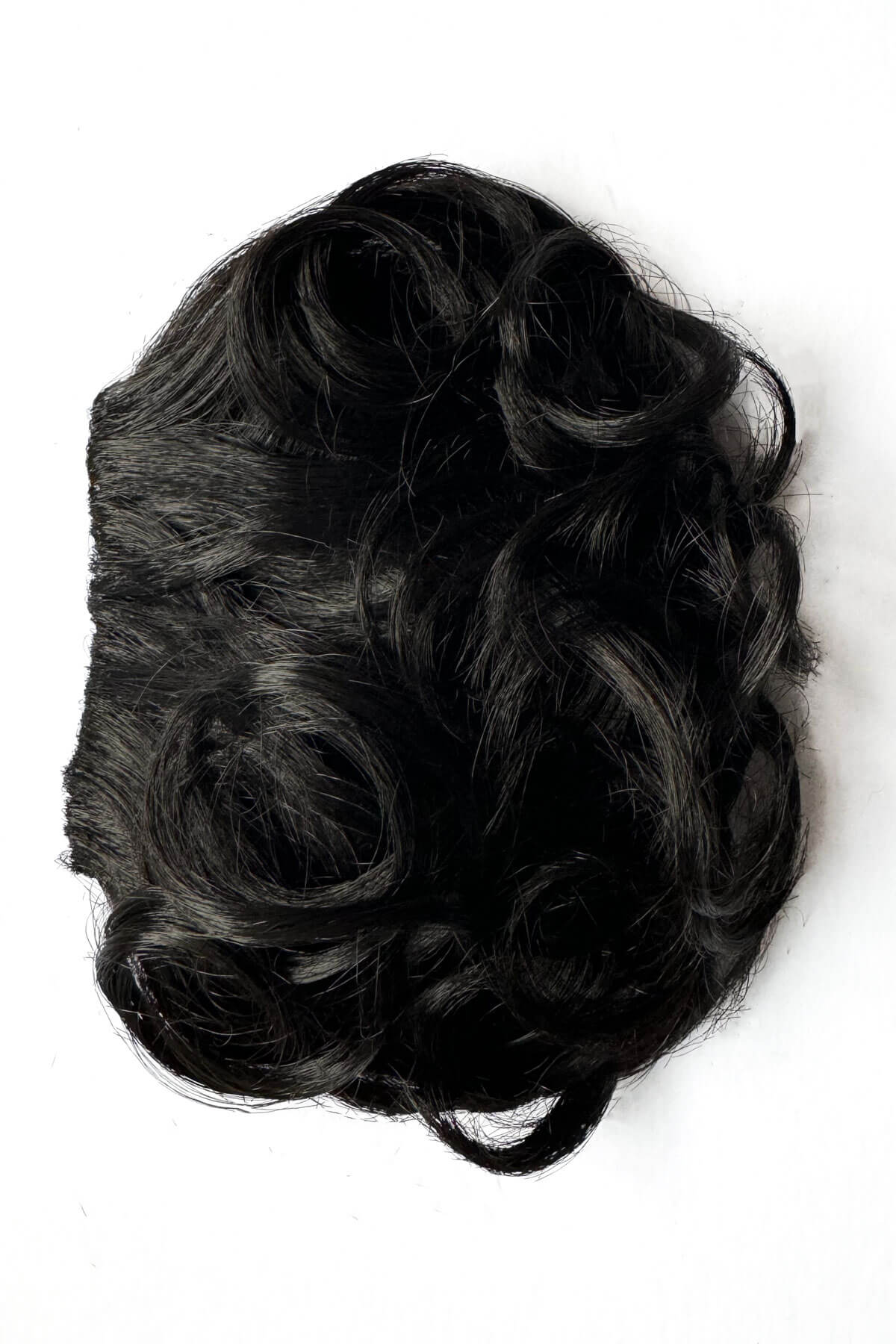 Black hairpiece with curls on a white background. Curly 1940s style clip-in fringe hairpiece/clip-in bangs: Bunny black 1B