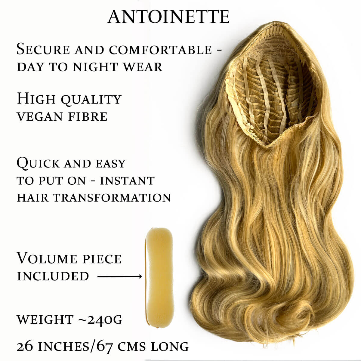 Blonde hair extension with product features listed on a white background. Heat styleable half wig hairpiece, long wavy, Flexihair: Antoinette warm blonde 24BH613