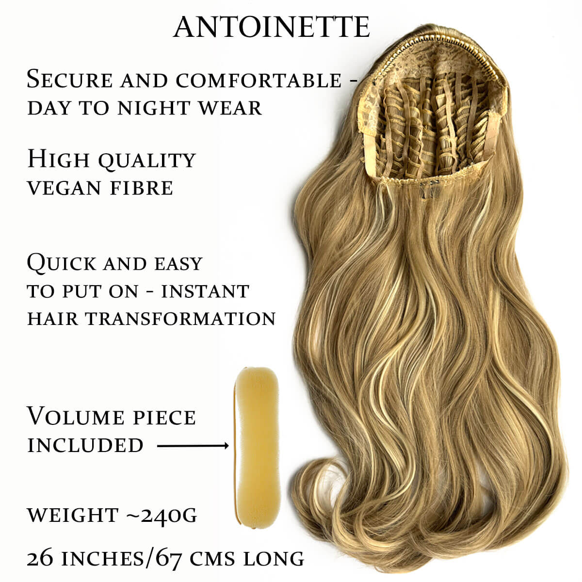 Blonde half wig hair piece with information shown. Heat styleable half wig hairpiece, long wavy, Flexihair: Antoinette ash blonde and light blonde mix 24H613