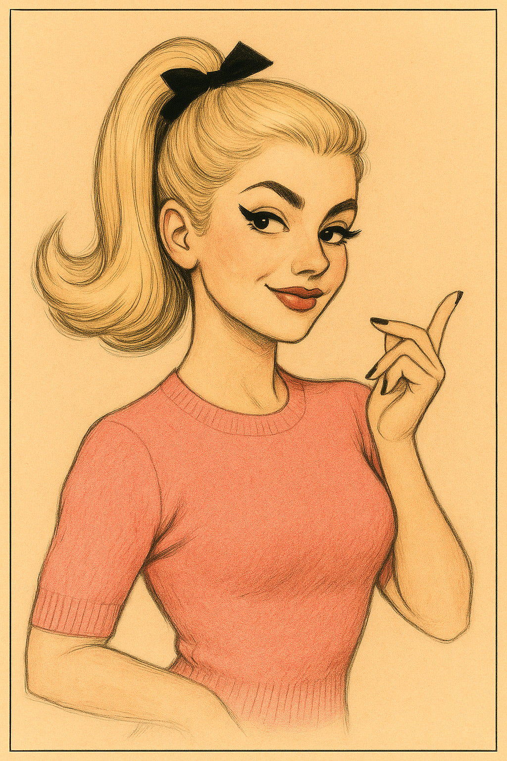 Illustration of a woman with a vintage hairstyle and pink sweater on a beige background