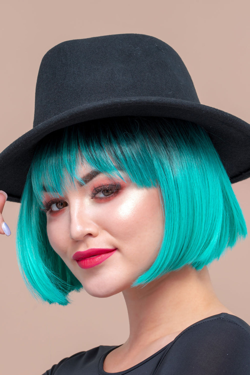 Bob wig, black ombre blending to turquoise blue: Amara