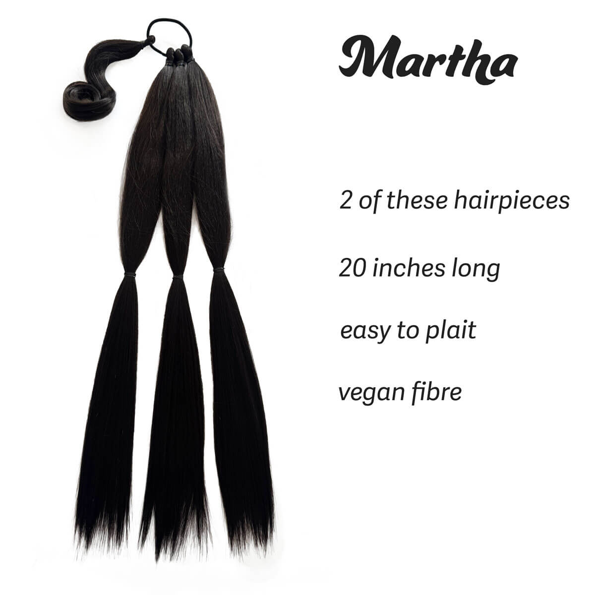 Brown hairpiece on a white background with 'Martha' branding. Long double plaited ponytail hairpiece: Martha dark brown 4