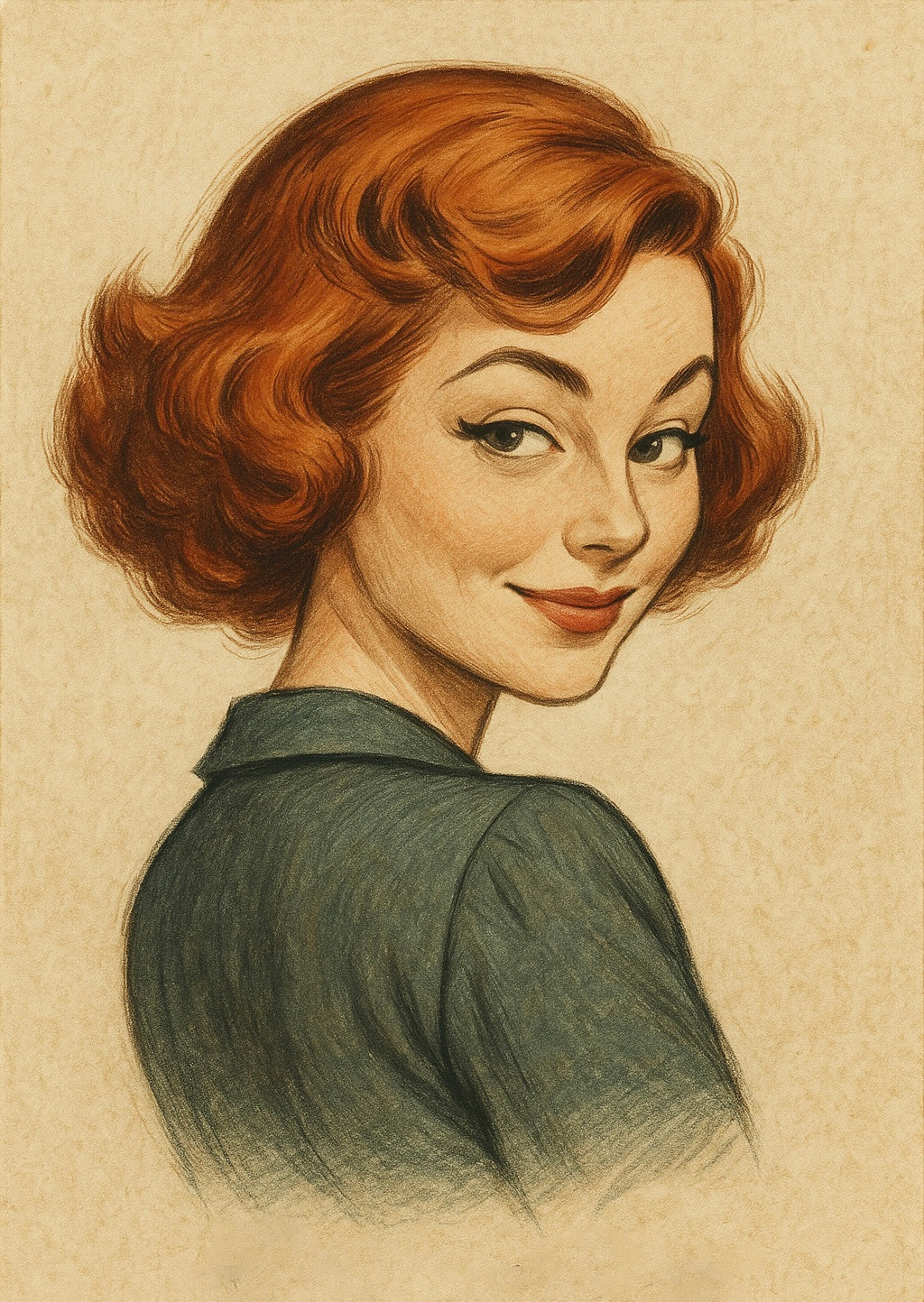 Illustration of a woman with red hair and a green shirt on a beige background