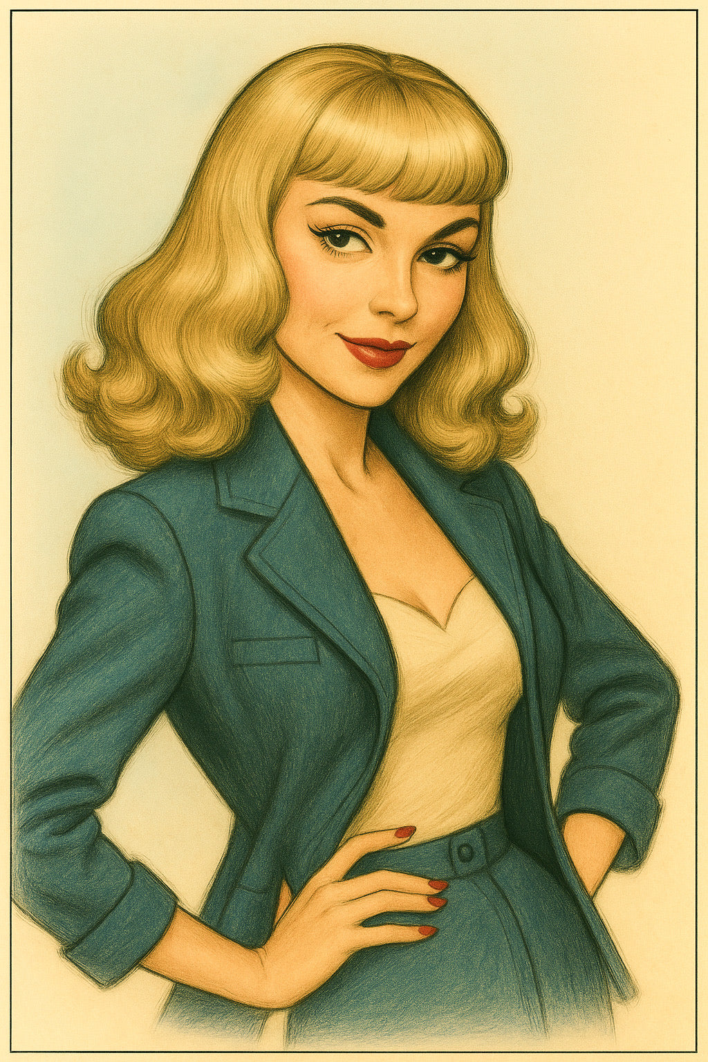 Illustration of a woman in a teal blazer with a beige background. Cora wig illustration