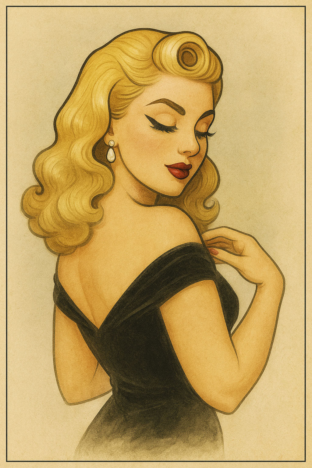 Illustration of a woman with blonde hair and a black dress on a beige background. Deborah half wig illustration