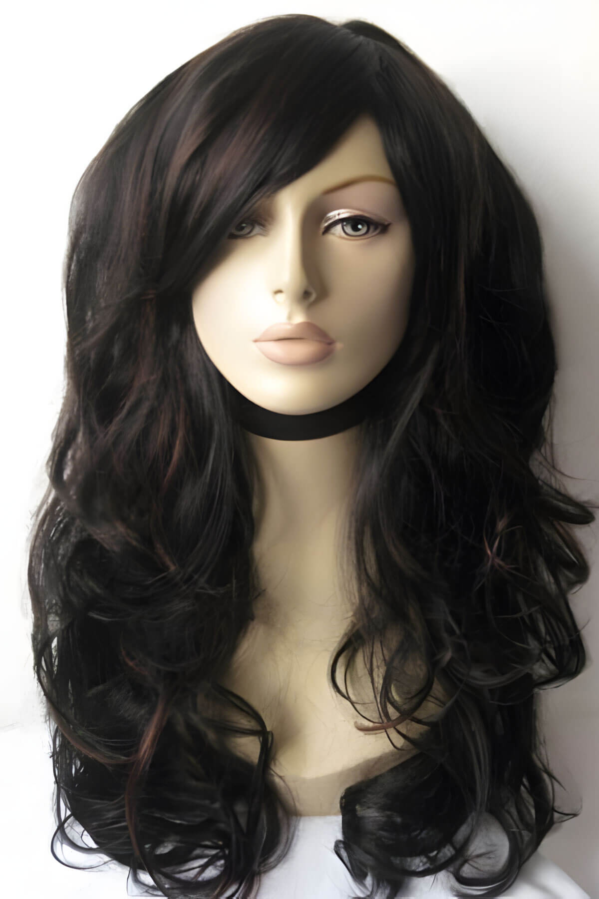 Long black wig with auburn highlights and gentle waves: Emily