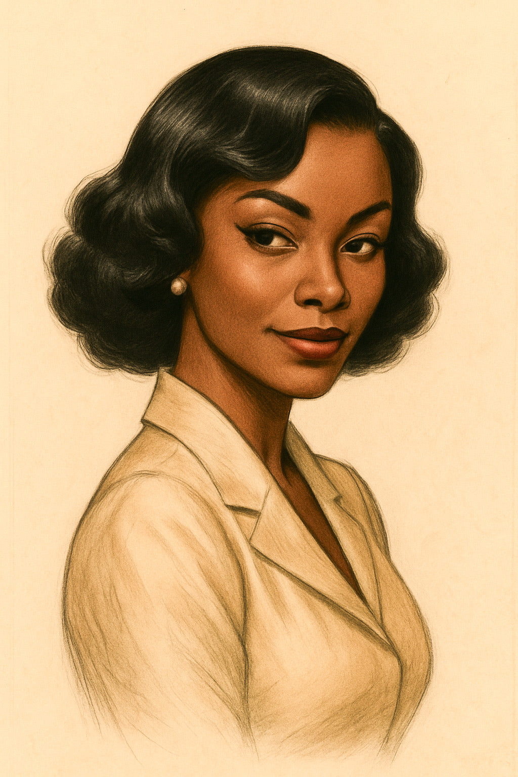 Illustration of a woman with vintage hairstyle and attire on a beige background