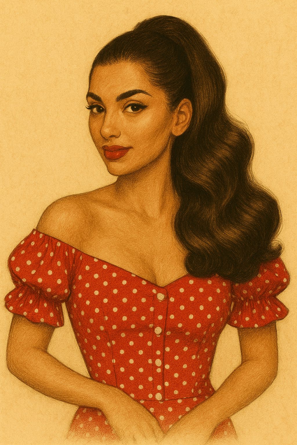 Illustration of a woman with long wavy hair in a ponytail, wearing a red polka dot dress.