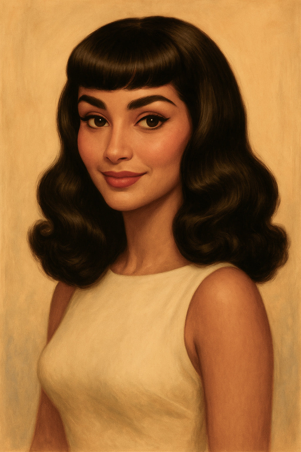 Portrait of a woman with vintage hairstyle on a beige background