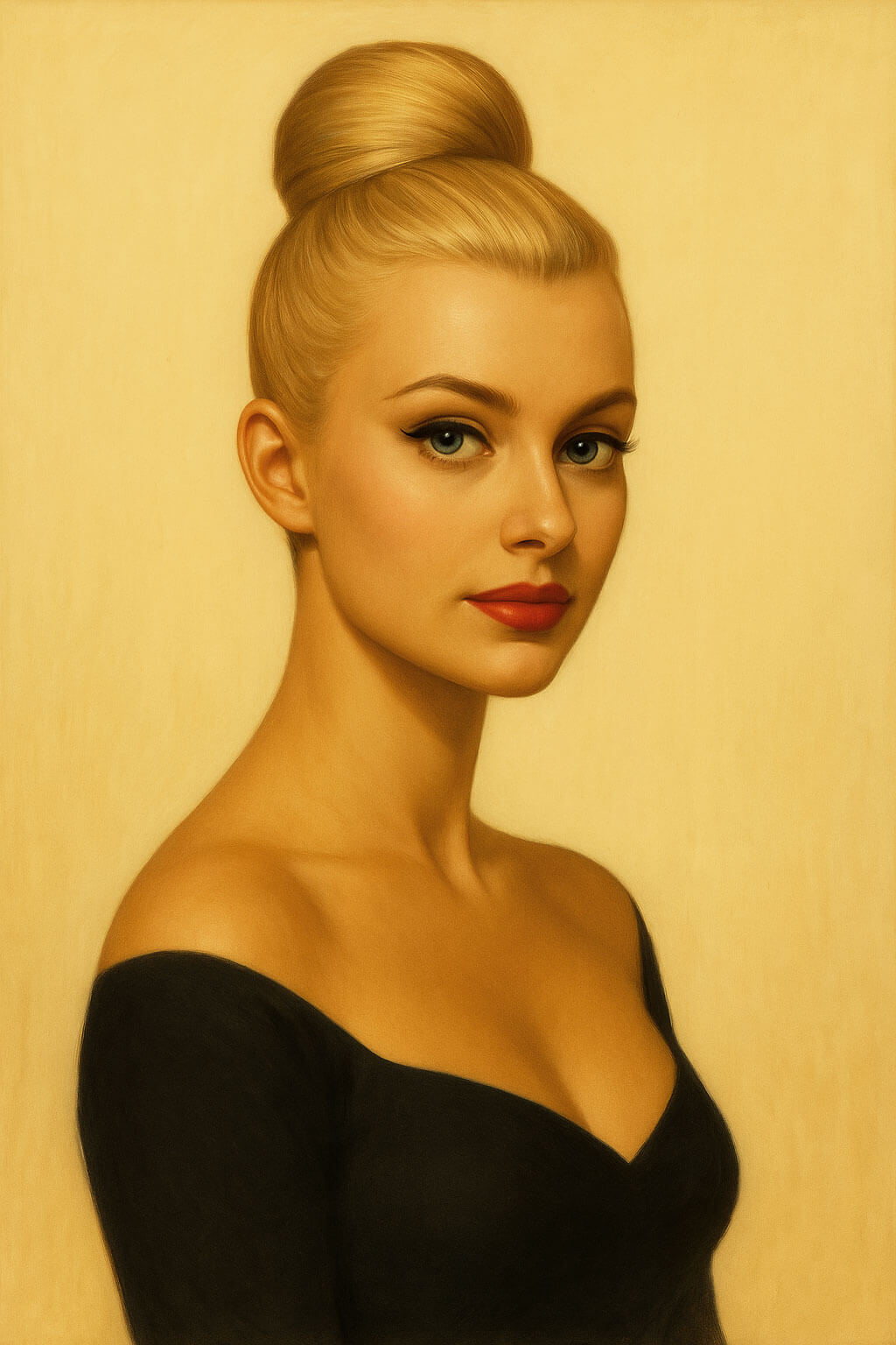 Portrait of a woman with styled hair against a beige background. Illustration of Hebe hair bun hair piece