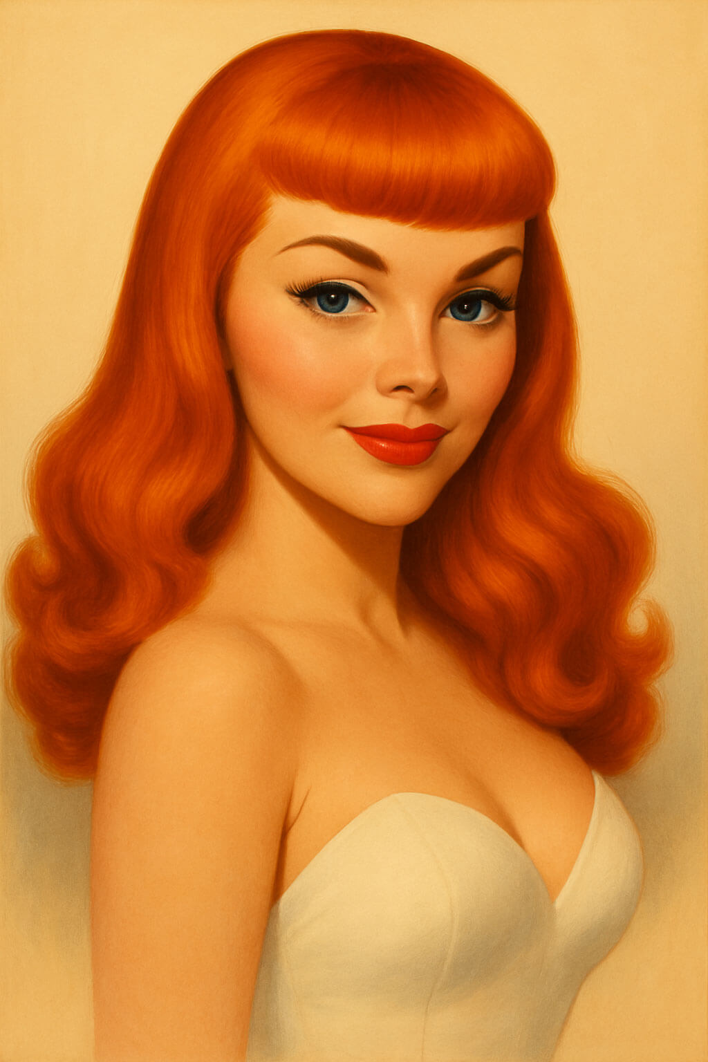 Vintage-style portrait of a woman with red hair and a strapless top on a beige background. Illustration of Vida wig.