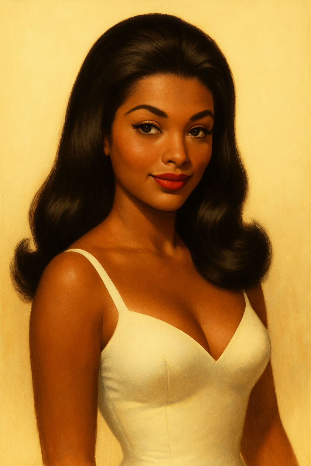 Woman in a white dress with a plain background. Illustration of Bllaise hairpiece.