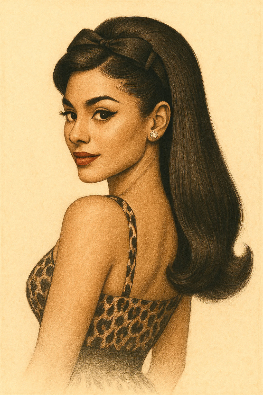 Illustration of a woman with a side ponytail and leopard print top on a beige background
