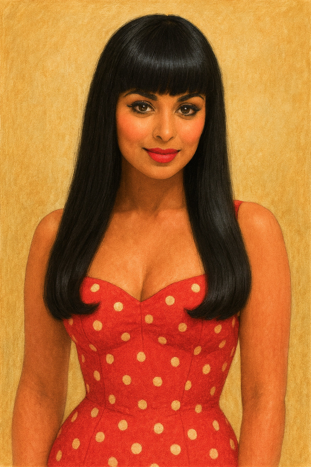 Illustration of  Woman wearing Carmen wig and a red dress with white polka dots against a beige background