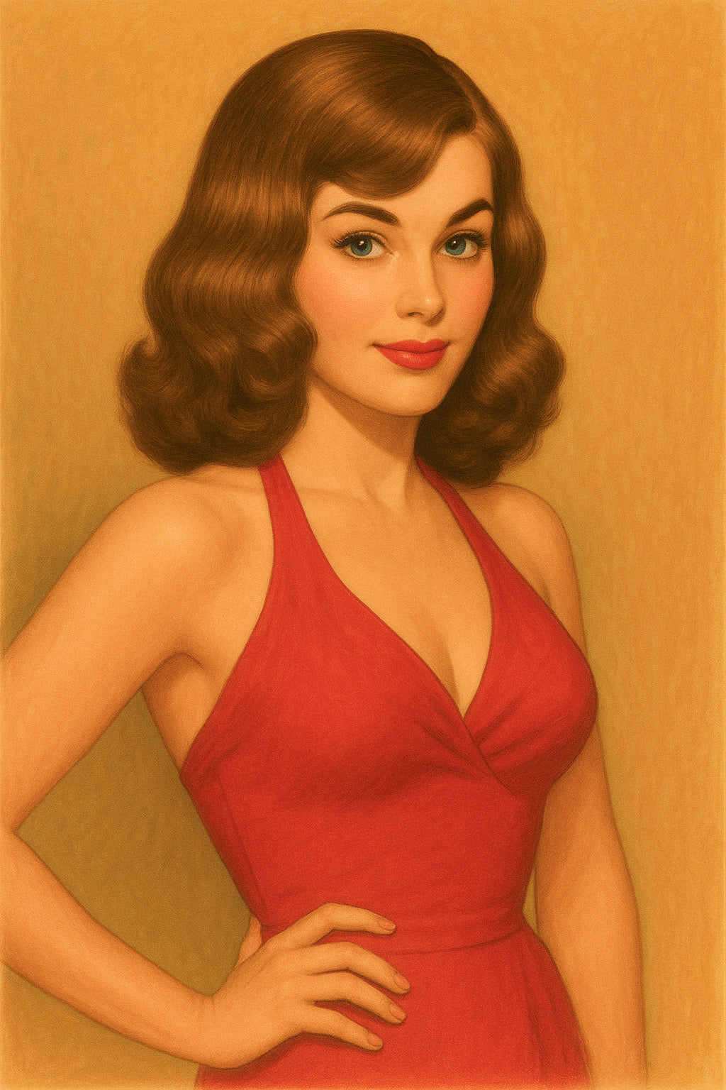 Illustration of Woman in a red dress with a plain background wearing the Honey  wig