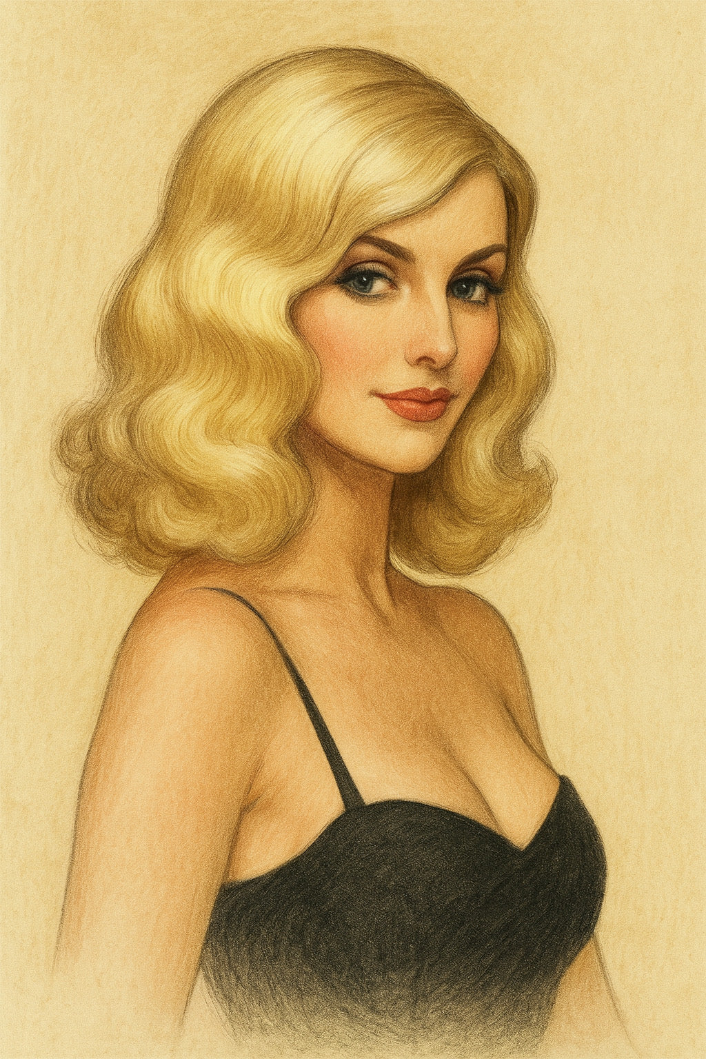 Artistic illustration of a woman wearing the blonde Lauren wig and a black top on a beige background.