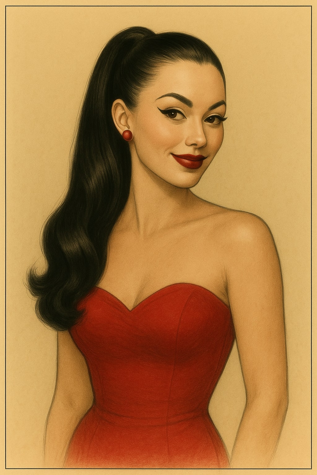 Woman in a red dress with a vintage style on a beige background. Kitrysha ponytail.