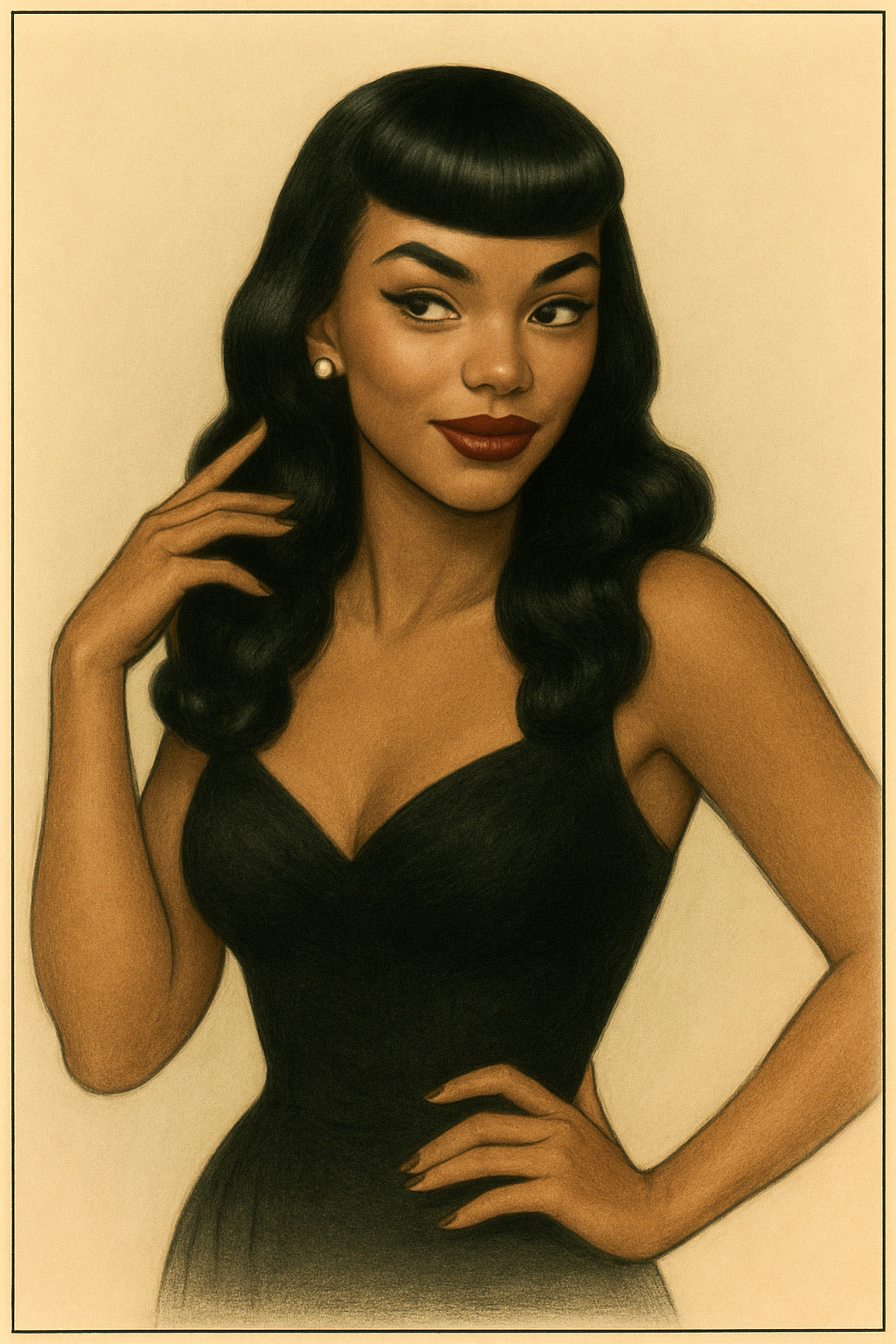 Vintage-style illustration of a woman with long black hair and a black dress on a beige background. Milena wig.