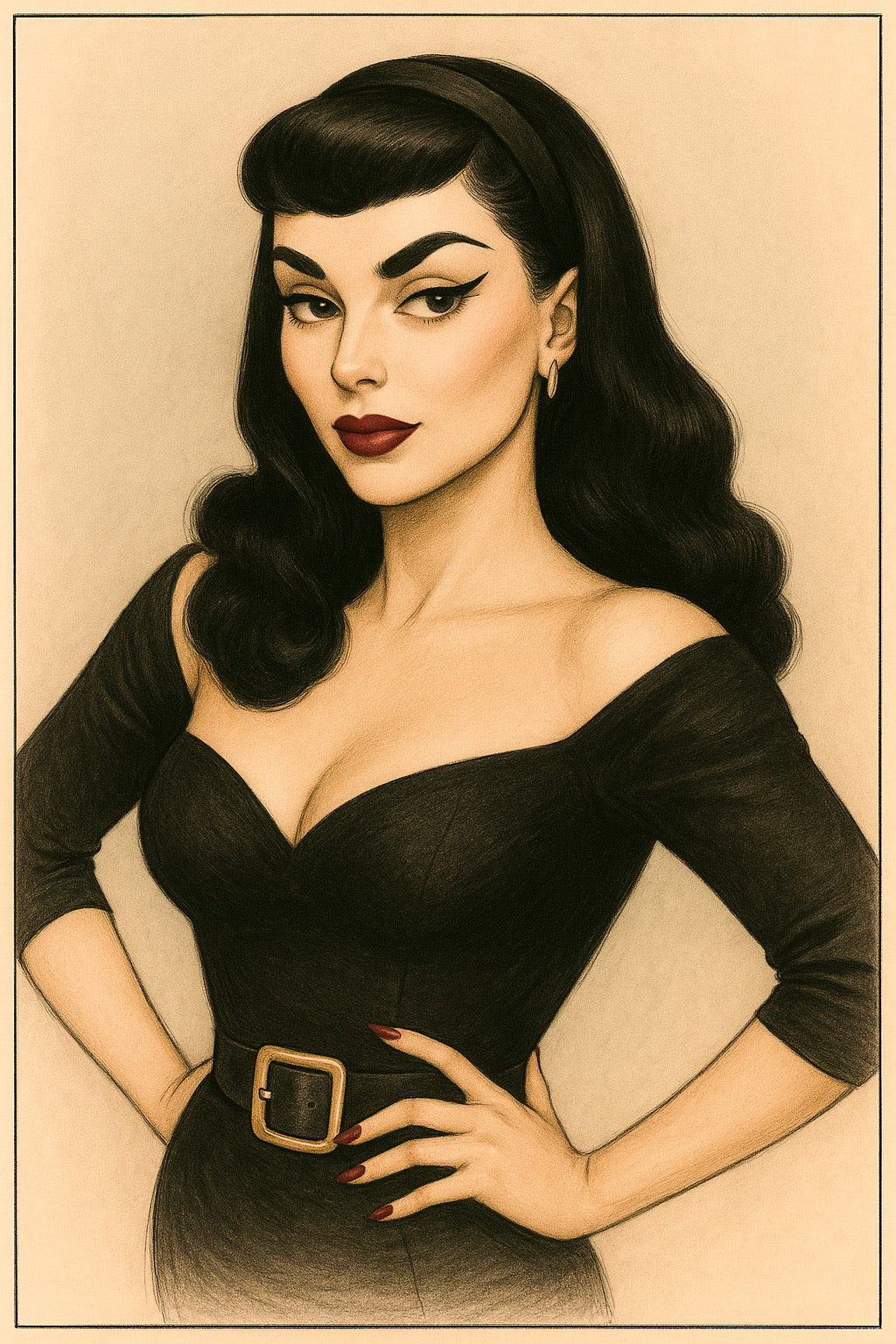 Illustration of a woman in a black dress with a beige background. Morgana wig illustration