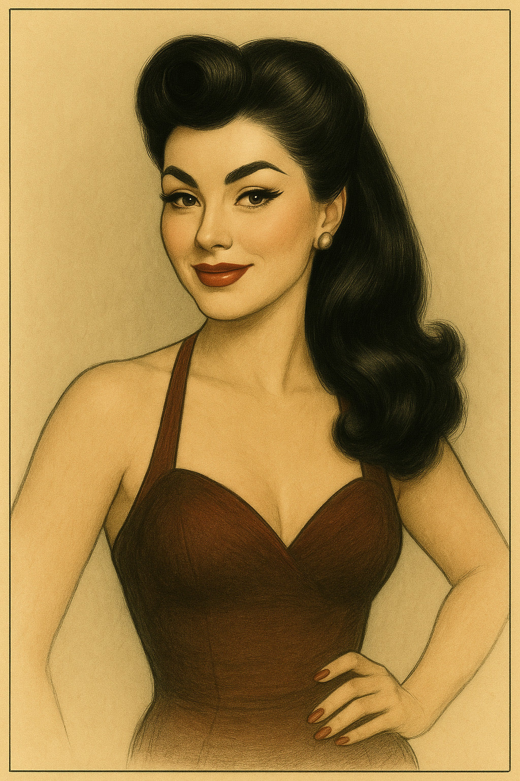 Vintage-style illustration of a woman with a dark brown dress against a beige background. Onyx half wig