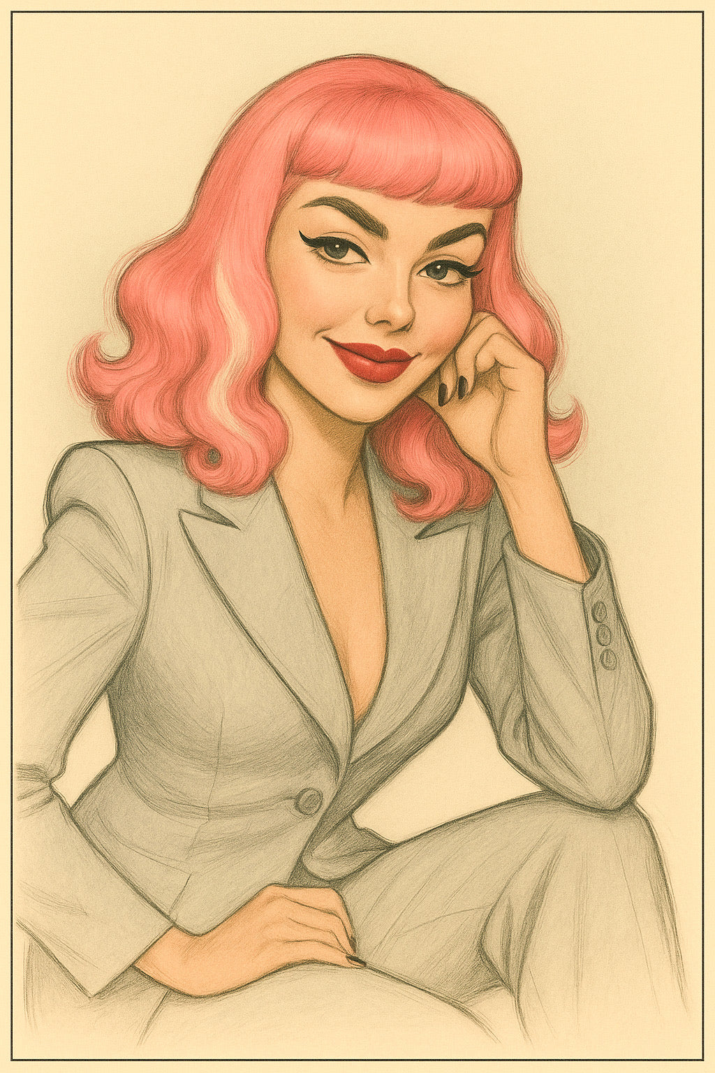 Illustration of a woman with pink hair and a gray suit on a beige background