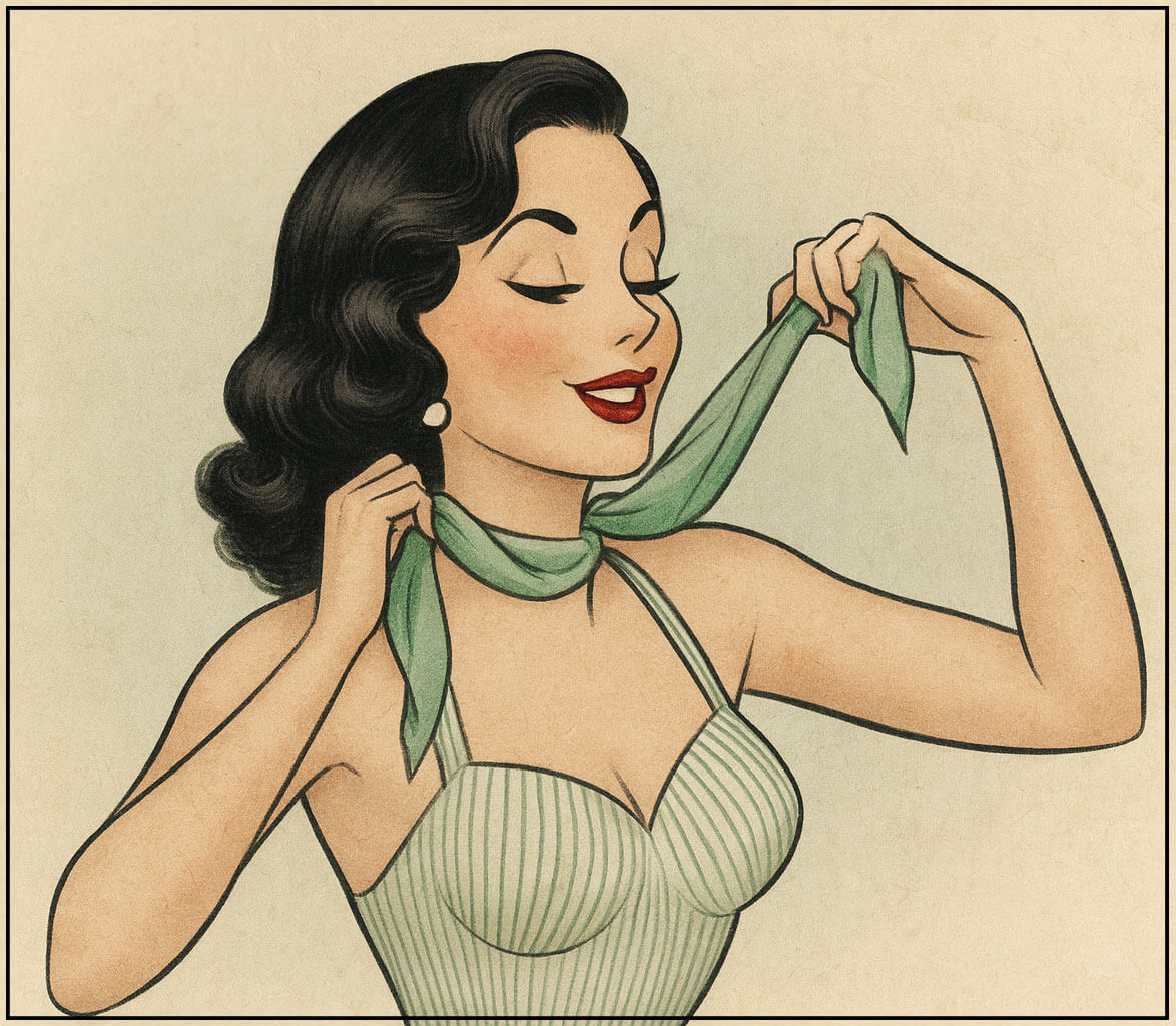 Illustration of a woman tying a green scarf on a beige background. Virginia half wig illustration.