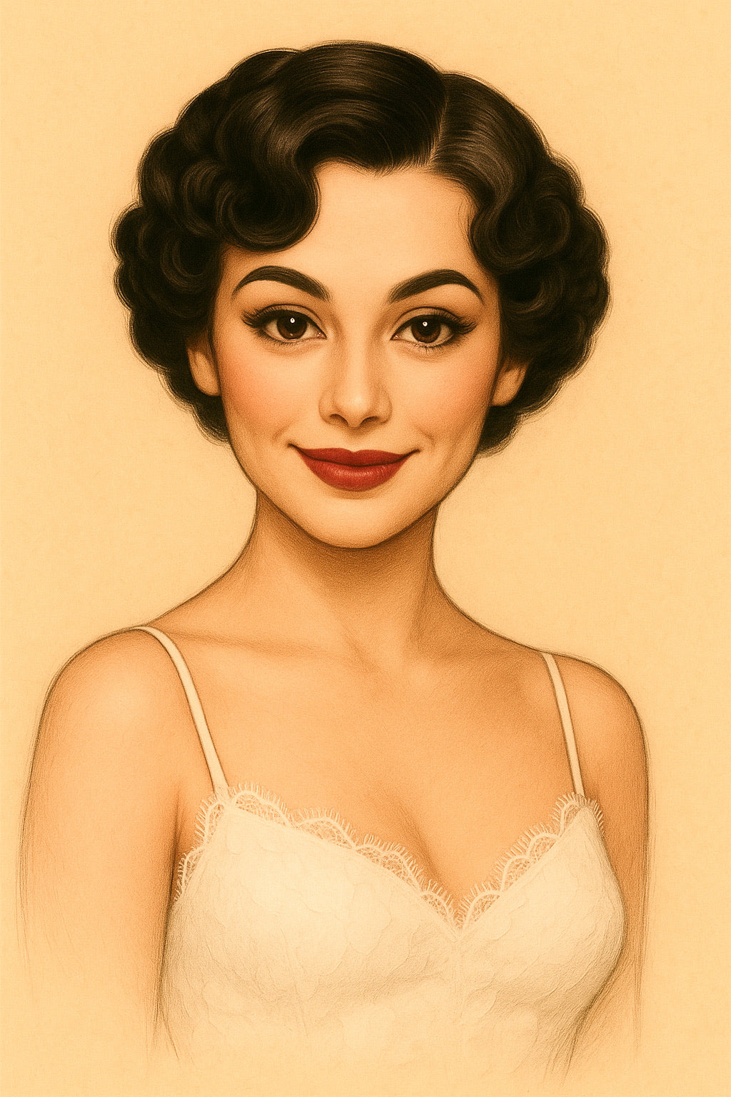 Illustration of a woman wearing a beige lace nightgown against a beige background