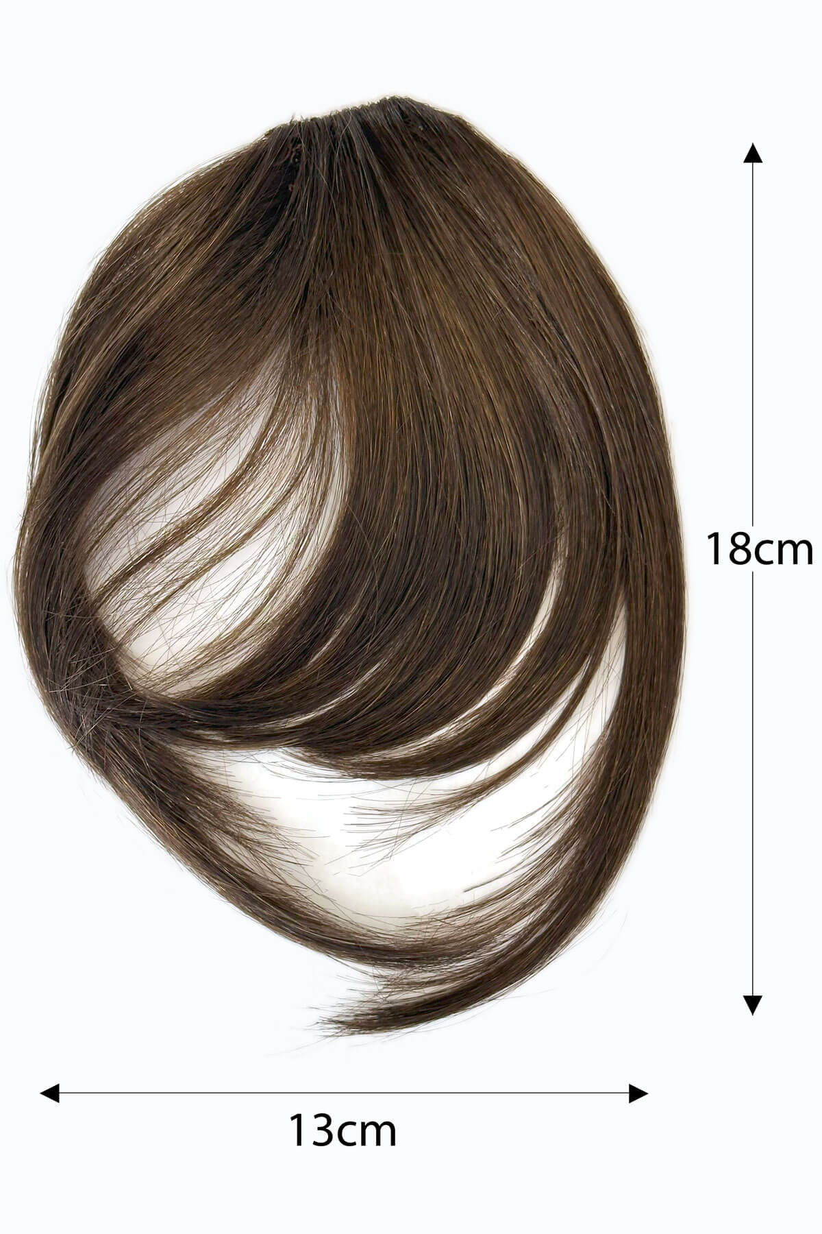 Brown hair extension with measurements on a white background. Clip in fringe hairpiece/clip-in bangs, gently feathered with face framing whisps: Delia chestnut brown 8