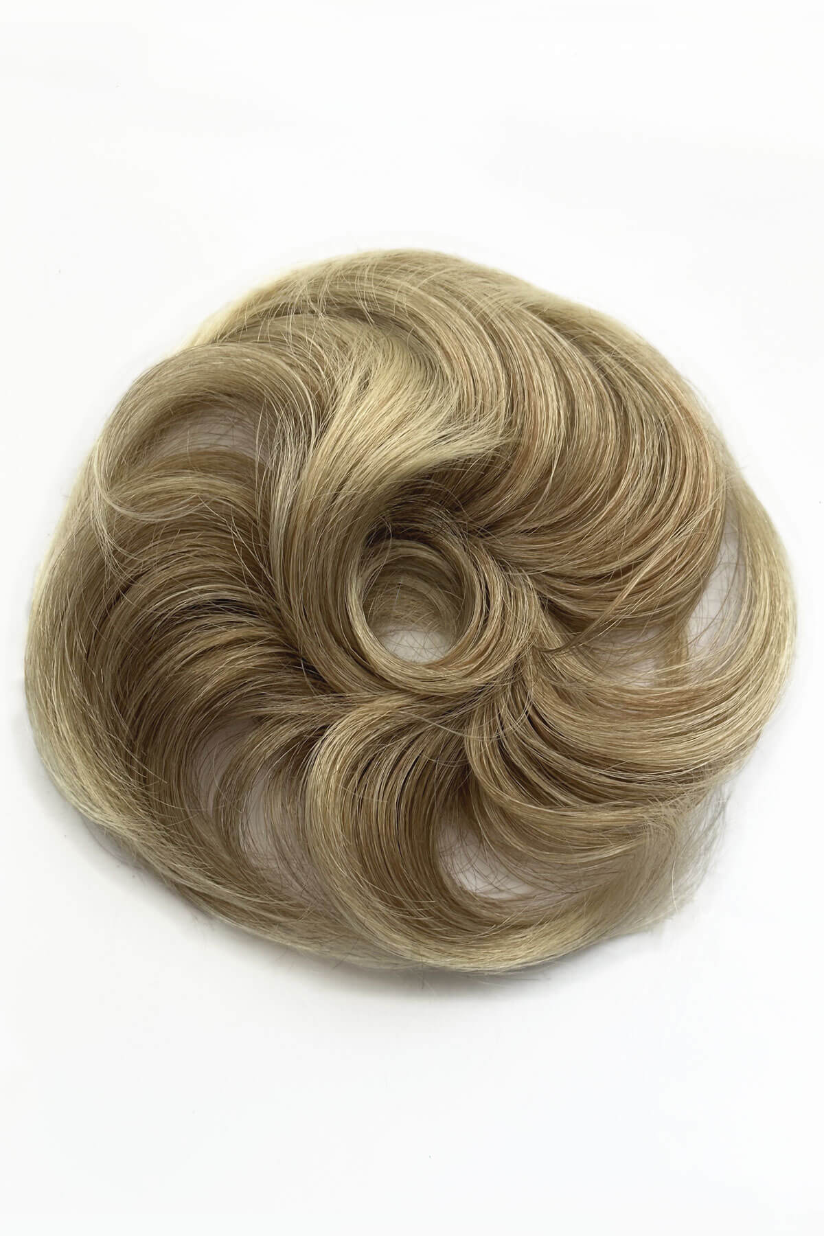 Blonde hair bun extension on a white background. Scrunchie bun hairpiece, easy updo messy bun: Betsy blonde 24H613