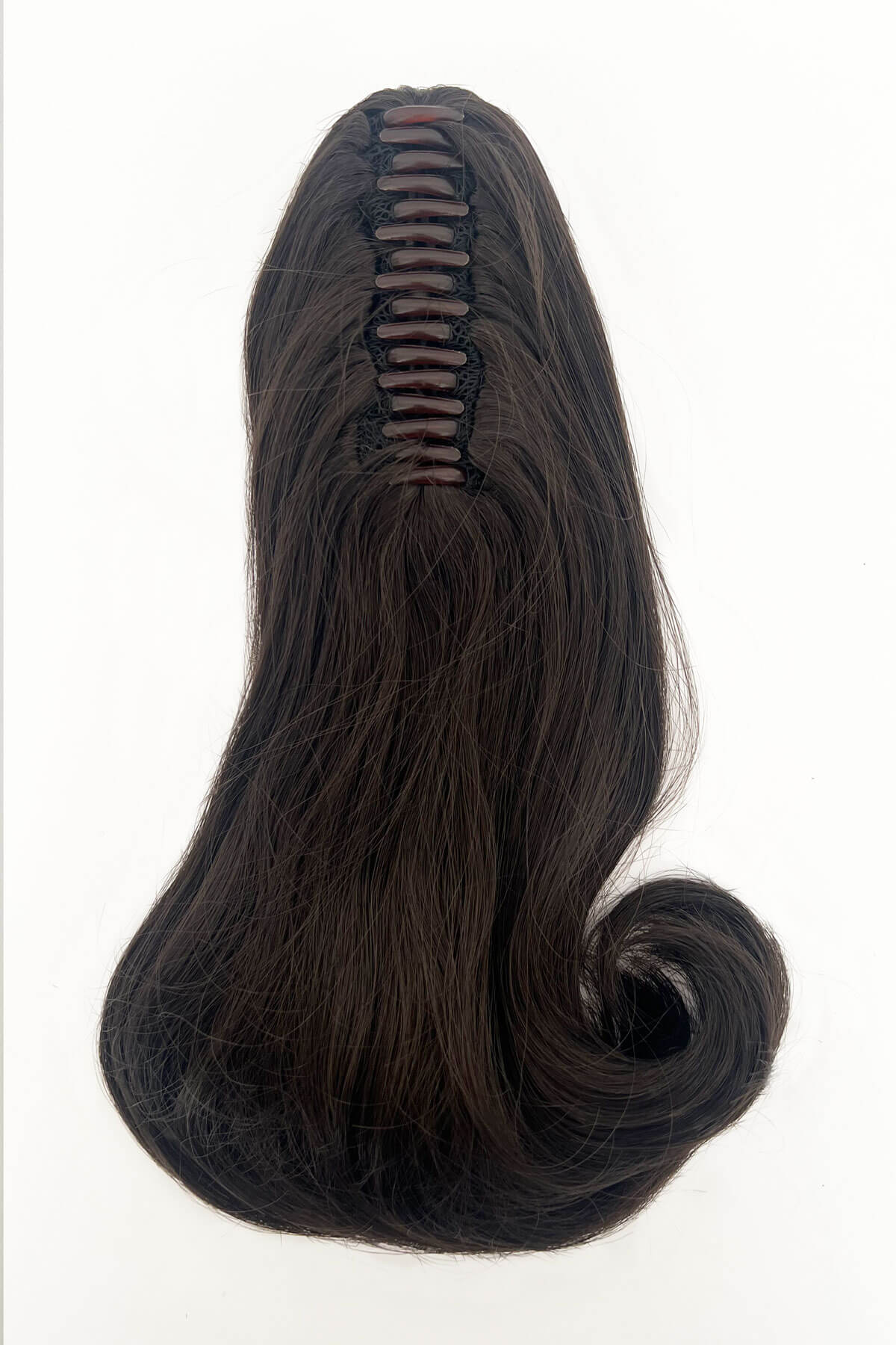 Brown hair extension with a white background. Ponytail hairpiece, shoulder length with flick/flip, retro 1960s style: Ariana dark brown 4