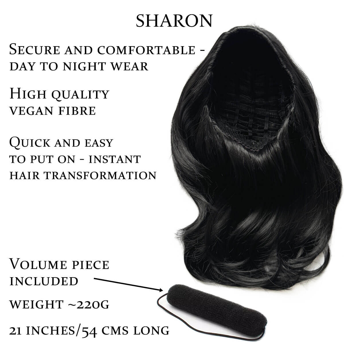 Black hairpiece with product features listed on a white background. Half wig hairpiece, long and wavy, Flexihair (Heat styleable) and volume ring for high crown: Sharon black 1B